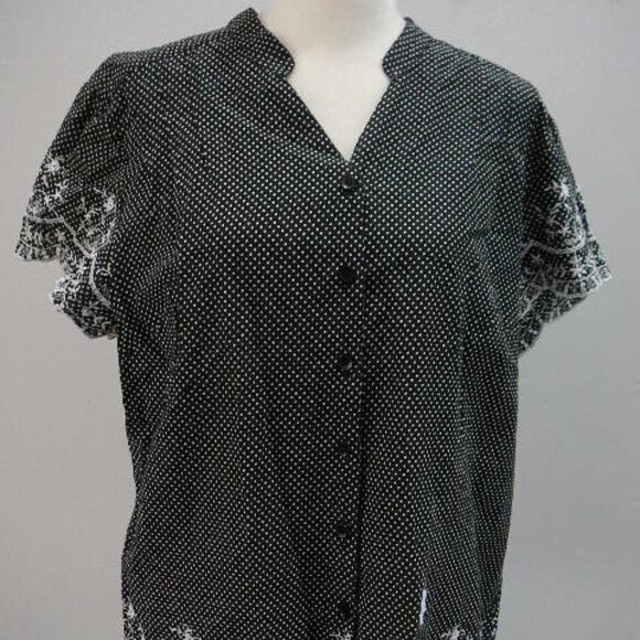 JM Collection Black w/White Polka Dots Cap Sleeves Hem & V-Neck Embroidered-12 - Picture 1 of 8